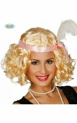 Pruik Charleston blond met krullen + hoofdband roze