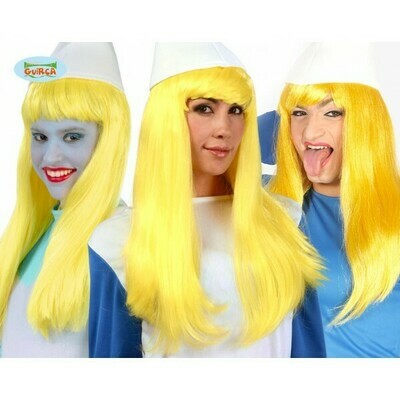 Pruik geel effen lang : Smurfin , Annemieke , Rozemieke