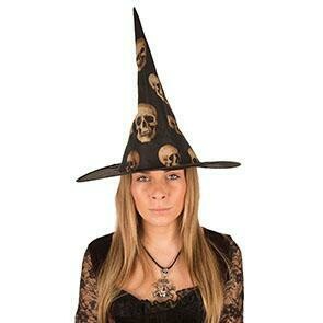 Heksenhoed zwart met doodshoofden nylon Halloween hoed heks skelet