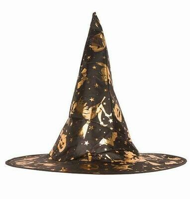 Heksenhoed zwart met gouden tekeningen op voor kinderen nylon Halloween hoed heks