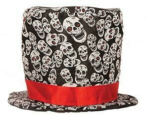 Buishoed zwart met witte doodshoofden op en rode band Halloween hoge hoed