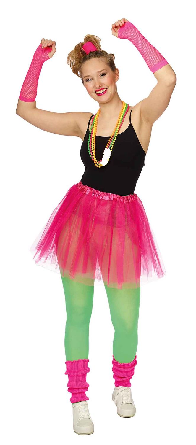 Set Tutu neon ROZE fluo met tulerok , nethandschoenen , beenwarmers en kettingen