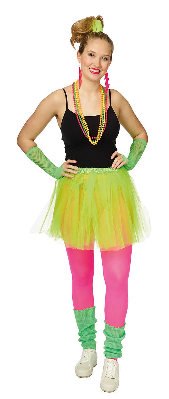 Set Tutu neon GROEN fluo met tulerok , nethandschoenen , beenwarmers en kettingen