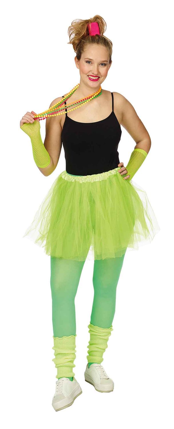 Set Tutu neon GEEL fluo met tulerok , nethandschoenen , beenwarmers en kettingen