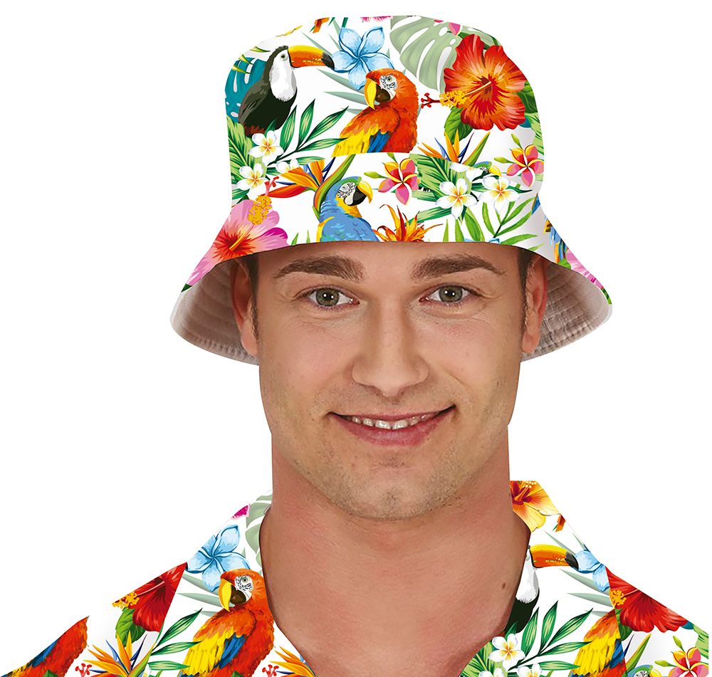 Hoed  met tropische bloemen en toekans en papegaaien vissershoed Foute zomerhoed Hawaii