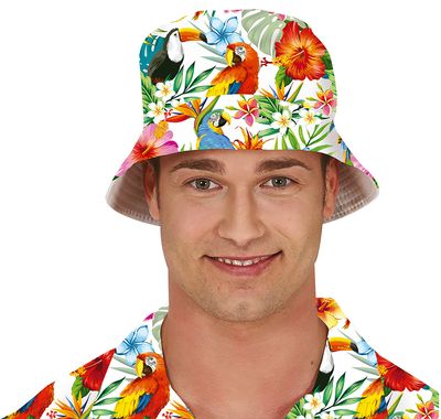 Hoed  met tropische bloemen en toekans en papegaaien vissershoed Foute zomerhoed Hawaii