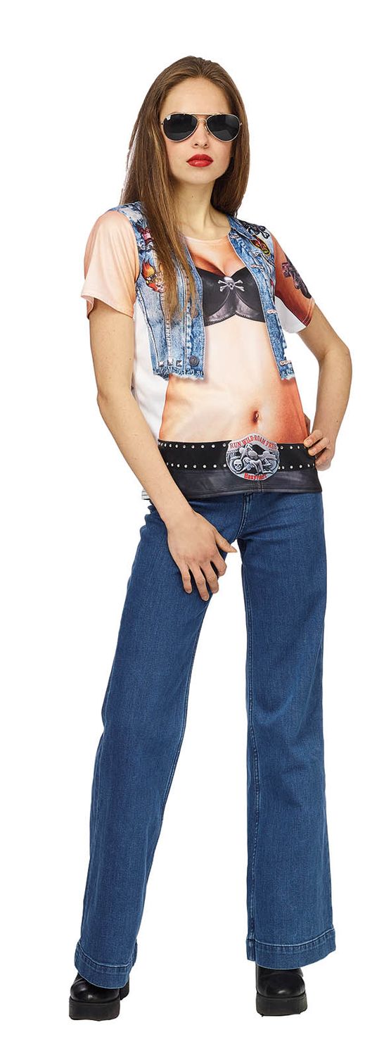 Biker shirt dame outfit marginaal stoer Jeans lookalike kledij vrouw