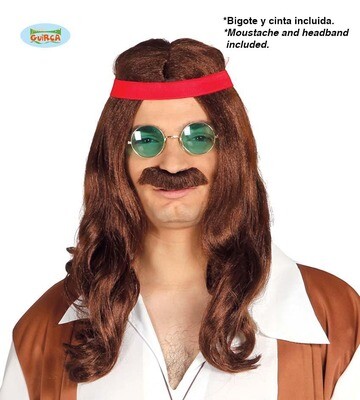 Pruik en snor Hippie man bruin Pruik en snor Hippie man bruin