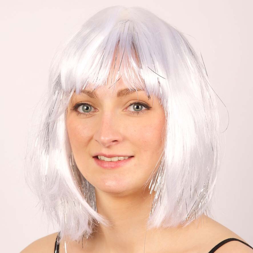 pruik halflang met pony wit met glitters