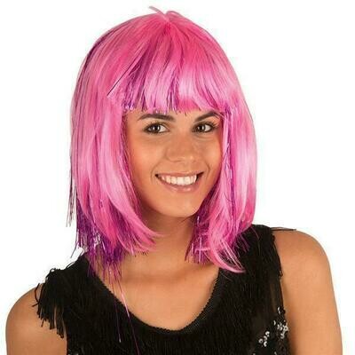 pruik halflang met pony roze met glitters