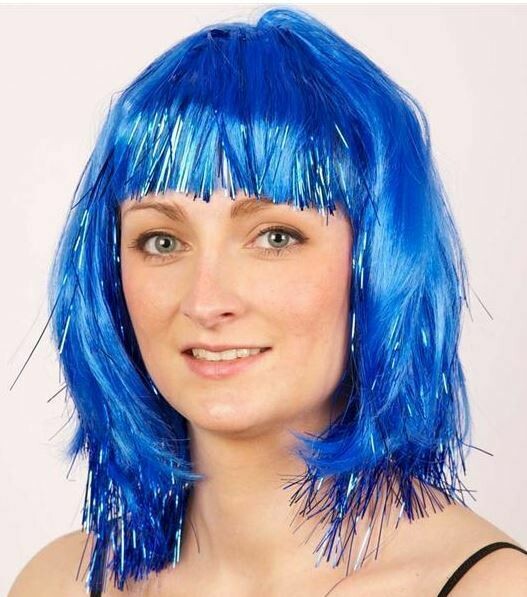 pruik halflang met pony blauw met blauwe glitters