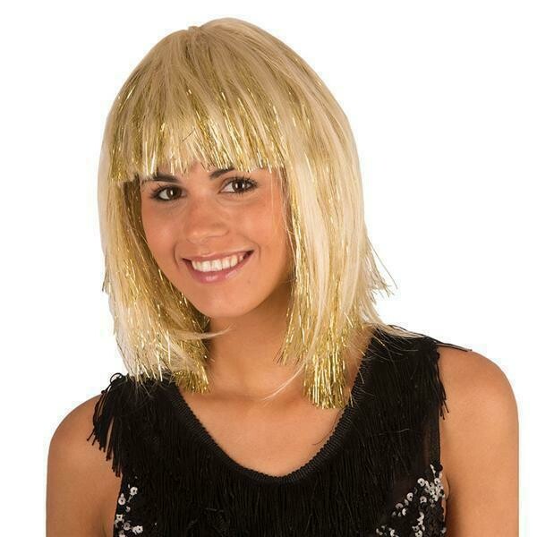 pruik halflang met pony blond met gouden glitters