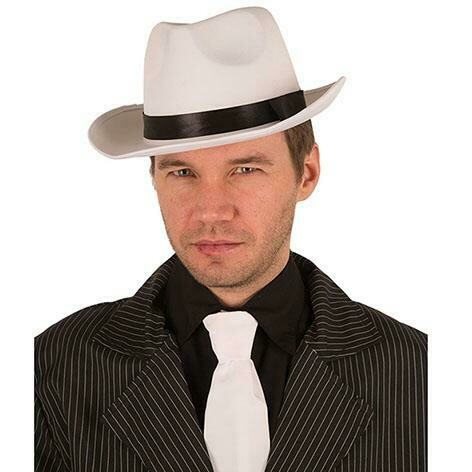 Maffia hoed jaren '20 Al Capone Charleston Twenties gangster SATIJN wit met zwarte boord