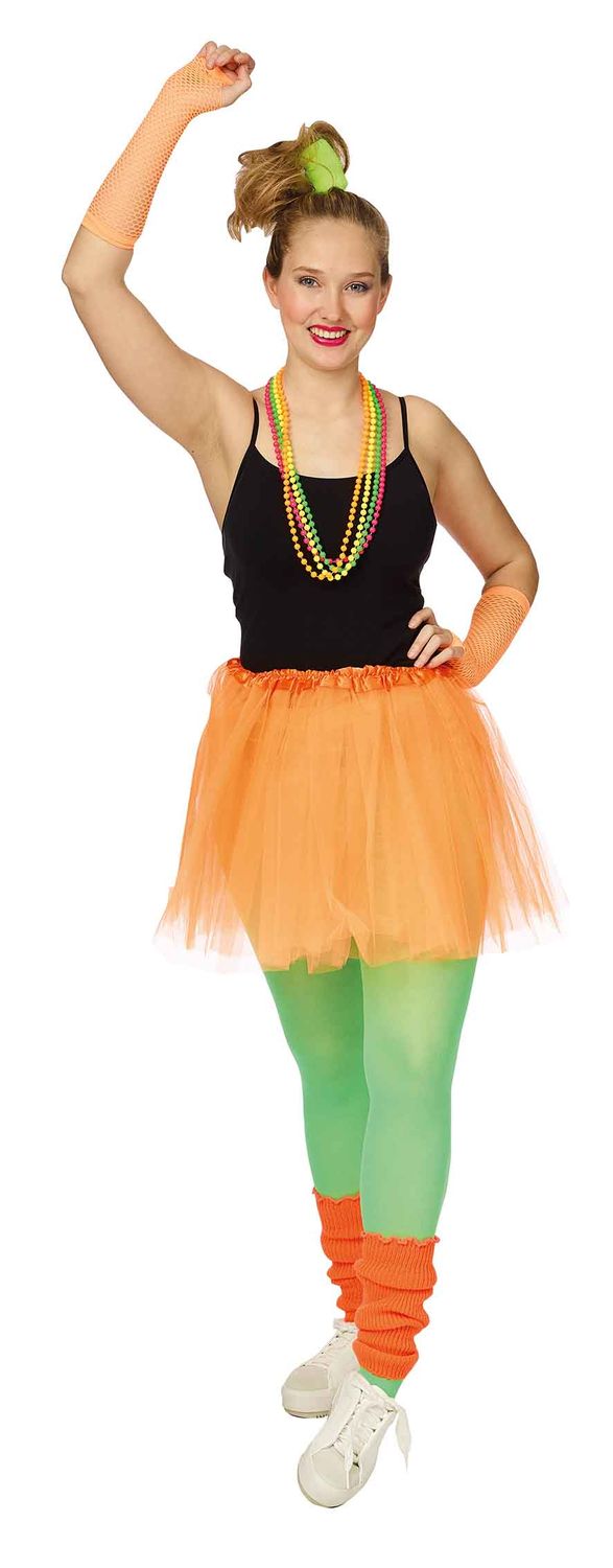 Set Tutu neon ORANJE fluo met tulerok , nethandschoenen , beenwarmers en kettingen Kamping Kitsch