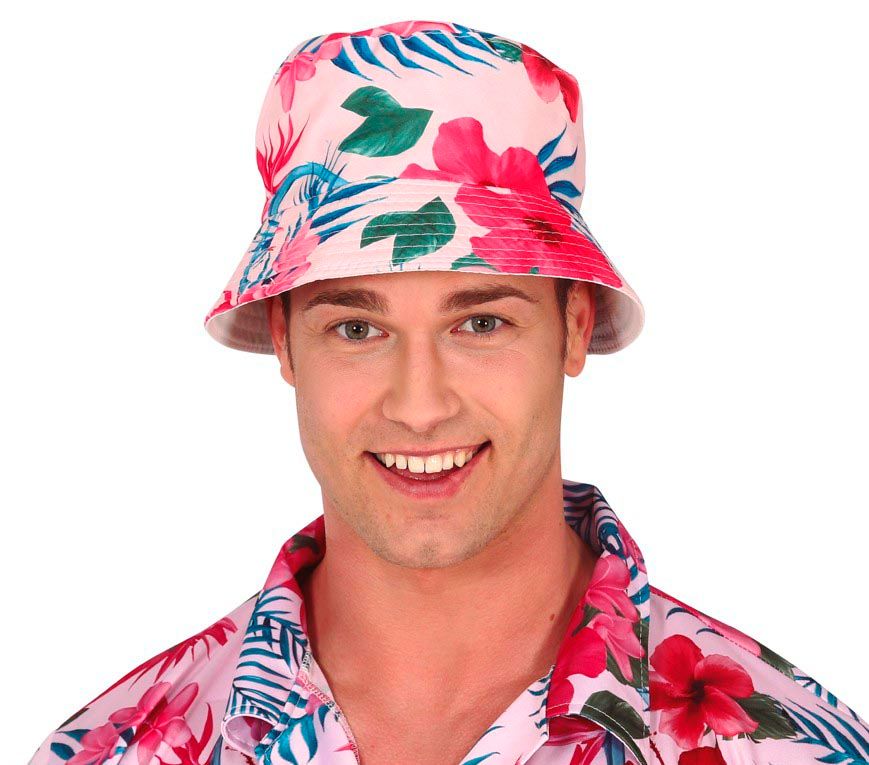 Hoed lichtroze met tropische roze bloemen en flamingo's vissershoed Foute zomerhoed Hawaii