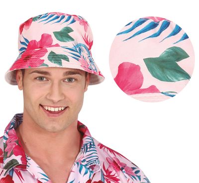 Hoed lichtroze met tropische roze bloemen en flamingo's vissershoed Foute Partyzomerhoed Hawaii Kamping Kitsch