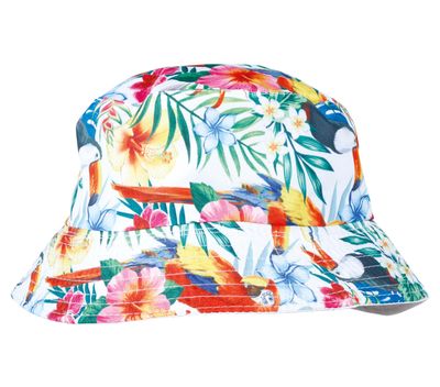 Hoed  met tropische bloemen en toekans en papegaaien vissershoed Foute Party zomerhoed Hawaii Kamping Kitsch