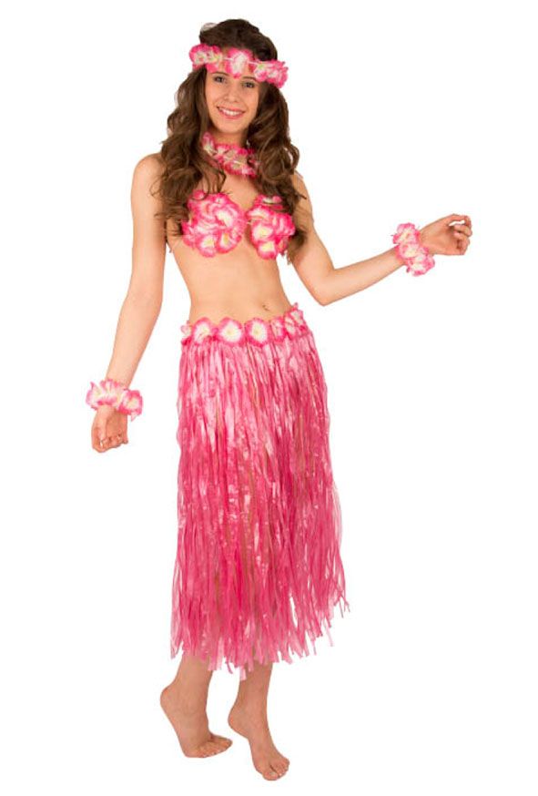Hawaï set roze met rok , bikini , armbandjes , ketting en hoofdbandje