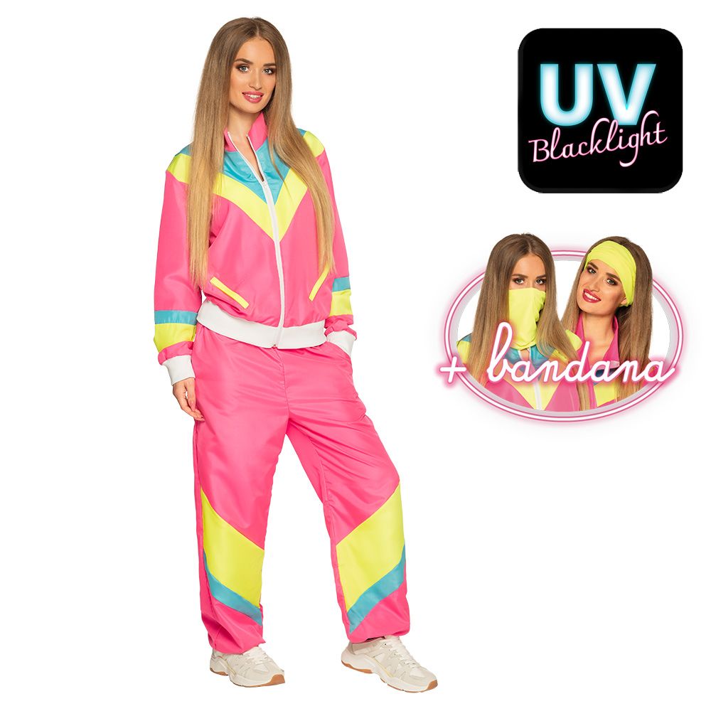 Trainingspak dames nineties verkleedpak met bandana jogging fluo neon maat medium foute party kamping kitsch carnaval