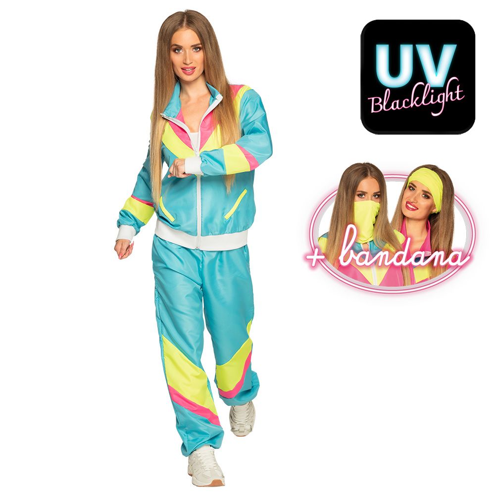 Trainingspak dames nineties verkleedpak met bandana jogging fluo Neon Blauw maat Large foute party kamping kitsch carnaval