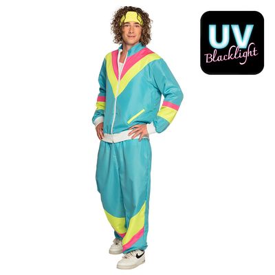 Trainingspak heren nineties verkleedpak met bandana jogging fluo Neon Blauw maat ExtraLarge foute party kamping kitsch carnaval