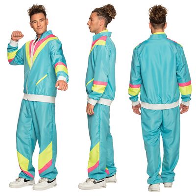 Trainingspak heren nineties verkleedpak met bandana jogging fluo Neon Blauw maat ExtraLarge foute party kamping kitsch carnaval