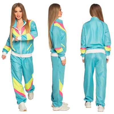 Trainingspak dames nineties verkleedpak met bandana jogging fluo Neon Blauw maat medium foute party kamping kitsch carnaval