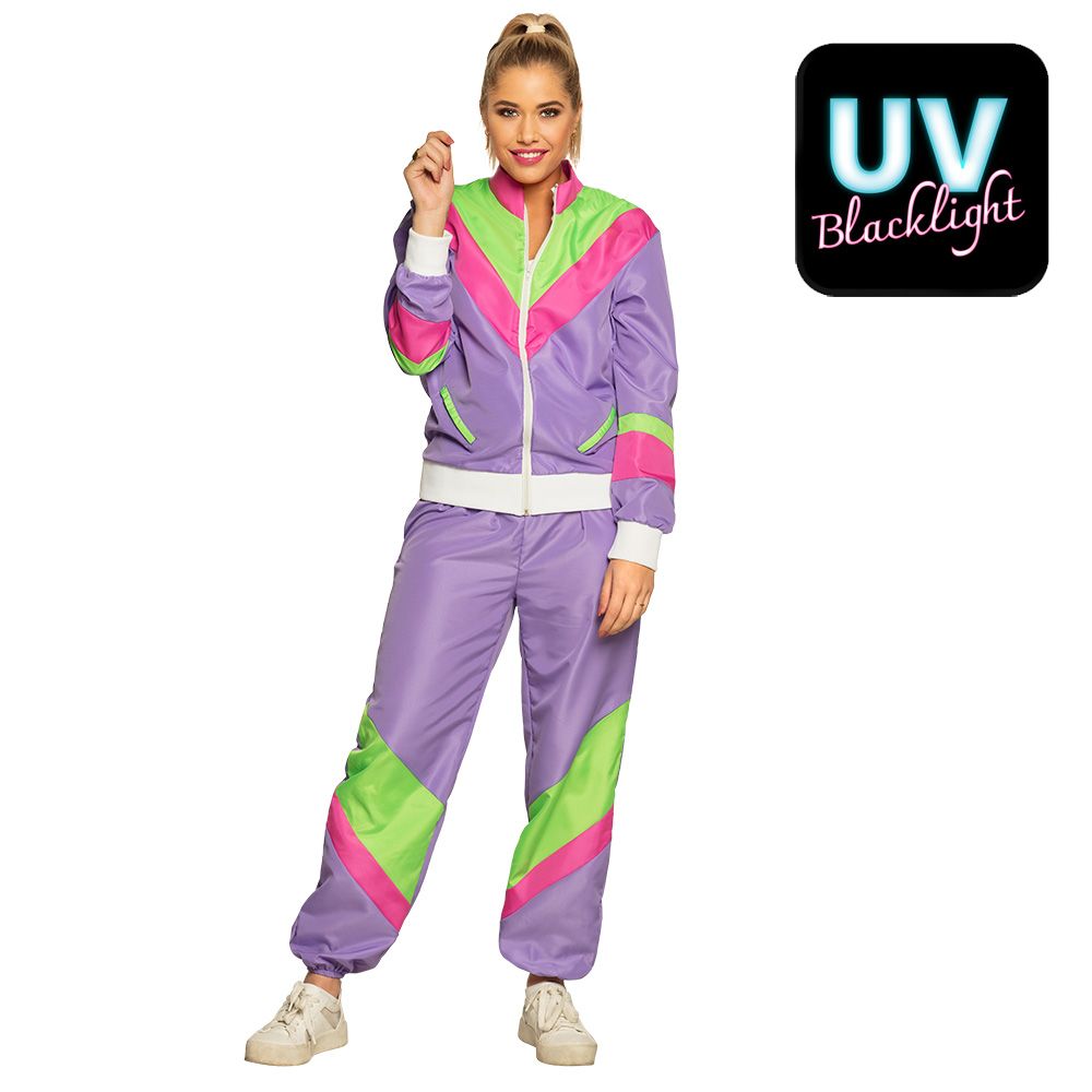 Trainingspak dames nineties verkleedpak Jogging Paars maat Medium foute party kamping kitsch carnaval retro