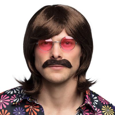 Pruik bruin Gary met snor Hippie 60's - 70's  jaren sixties seventies foute party