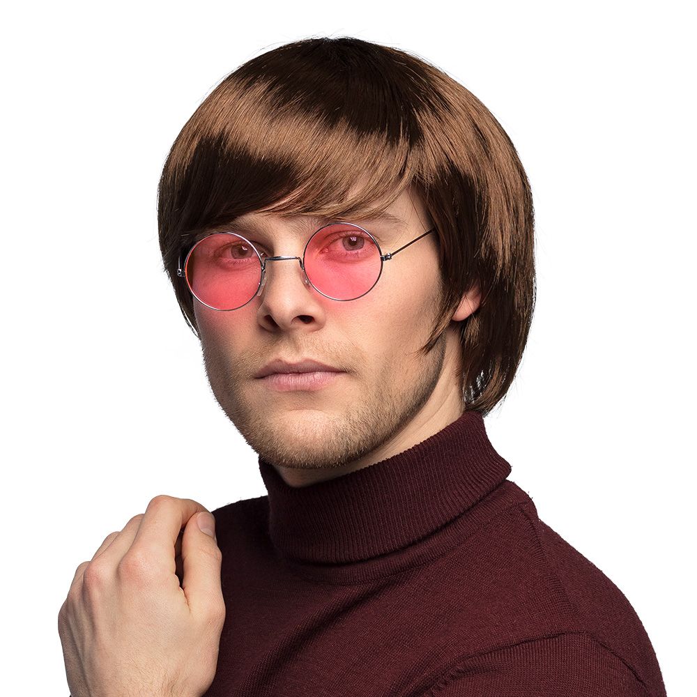 Pruik bruin  John Lennon kort Hippie 60's - 70's. sixties seventies