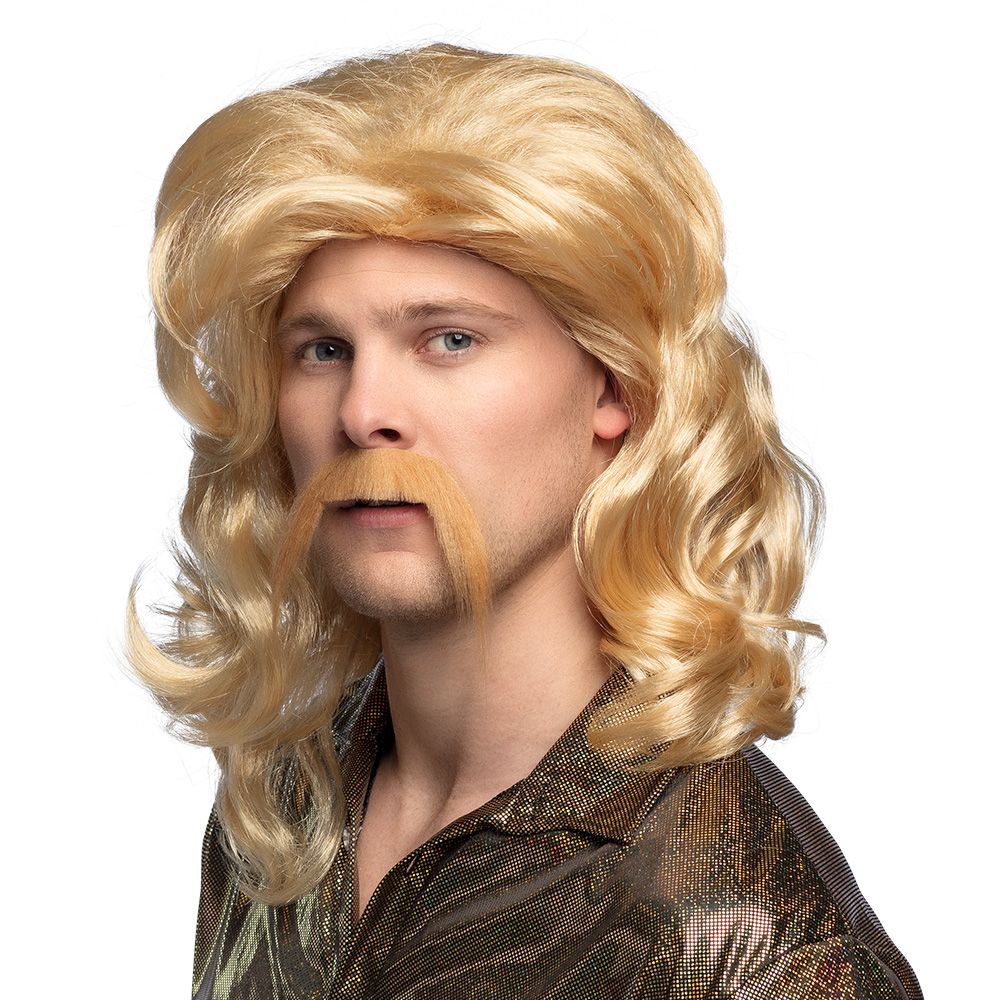 Pruik blond  met snor marginaal nektapijt Kamping Kitsch Foute party