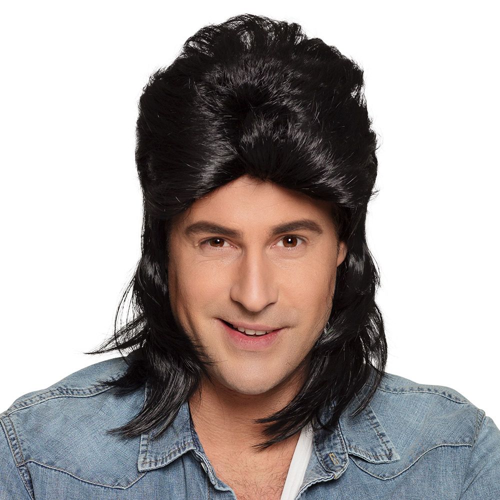 Pruik zwart man met nektapijt marginaal New Kids Kamping Kitsch foute Party Nineties 90's