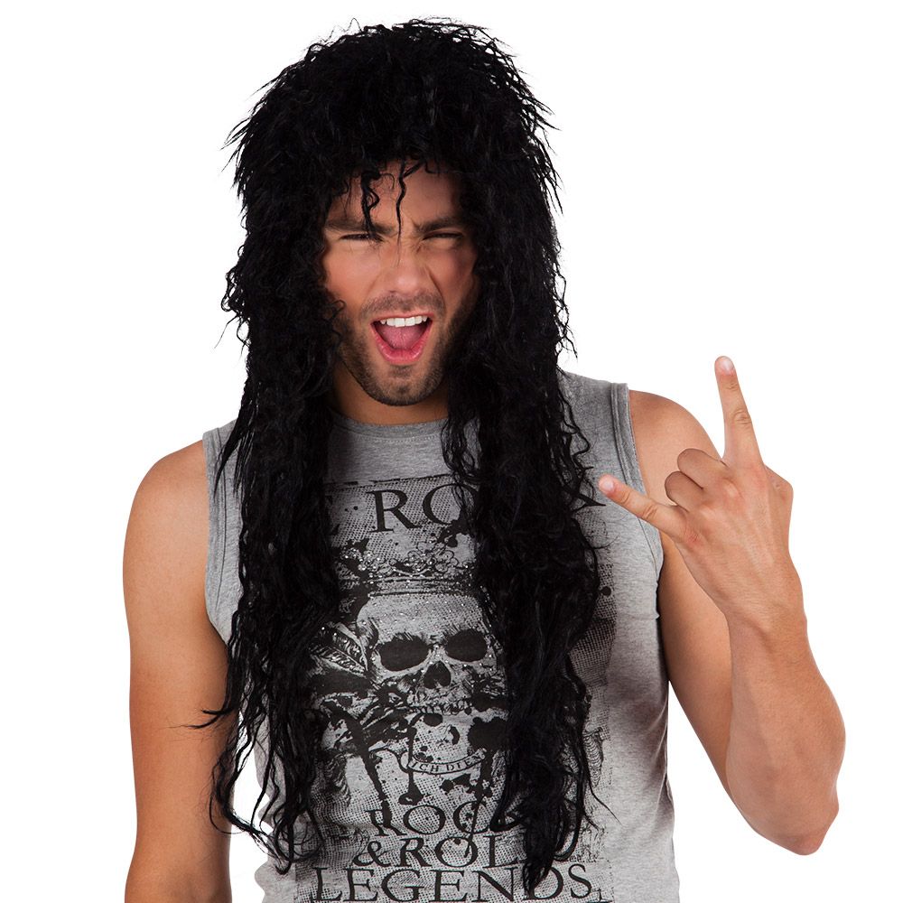 Pruik Alice Cooper man zwart gebekt lang Rock Eighties Nineties 80's 90's bekend beroemd zanger