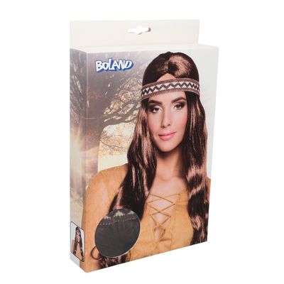 Pruik hippie dame bruin met hoofdband sixties seventies flower power Hawaï