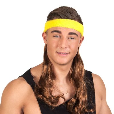 Zweetband hoofdband geel met bruin haar Wesley foute party kamping Kitsch marginaal retro New kids