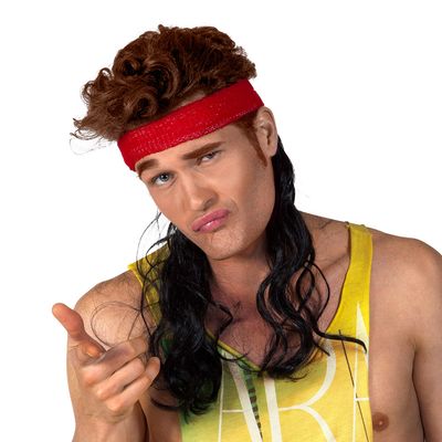 Zweetband hoofdband rood met zwart haar Wesley foute party kamping Kitsch marginaal retro New kids