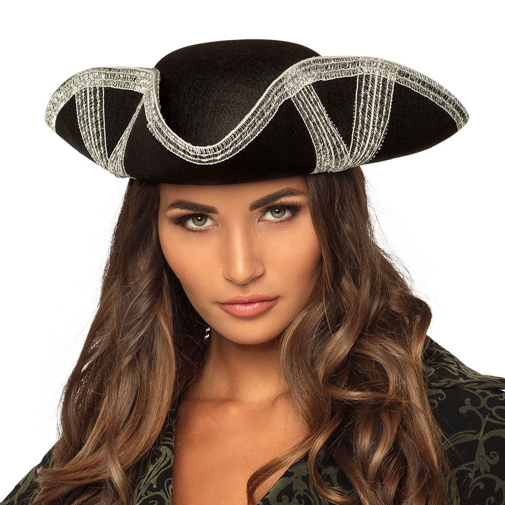 Hoed piraat markies zwart met zilver tricorne piratenhoed markiezenhoed Hoed piraat markies zwart met zilver tricorne piratenhoed markiezenhoed