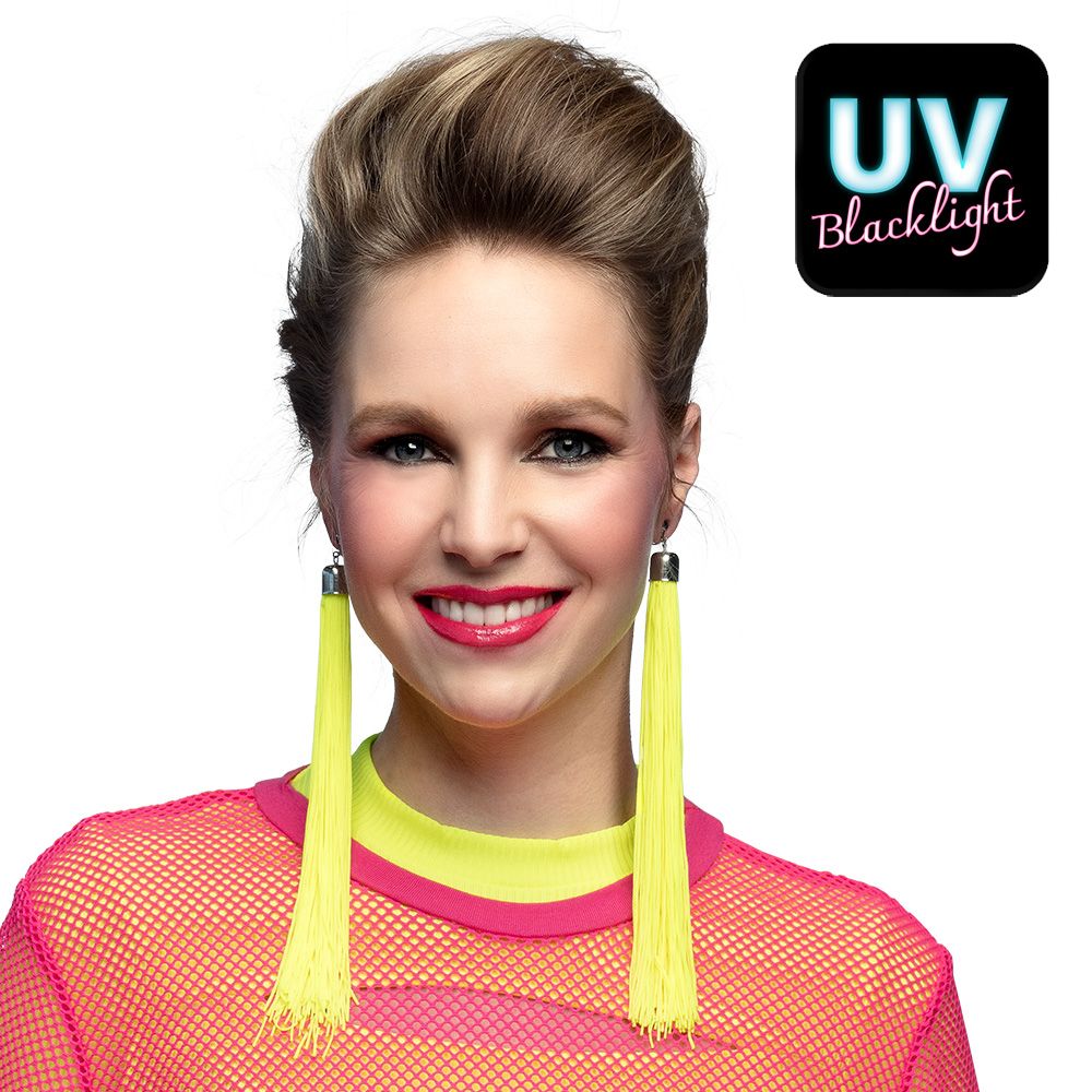 Oorringen fluo geel neon UV blacklight hangers foute party Kamping Kitsch fluodag Oorringen fluo geel neon UV blacklight hangers foute party Kamping Kitsch fluodag