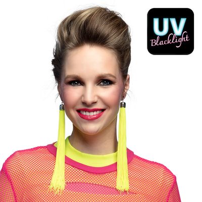 Oorringen fluo geel neon UV blacklight hangers foute party Kamping Kitsch fluodag Oorringen fluo geel neon UV blacklight hangers foute party Kamping Kitsch fluodag