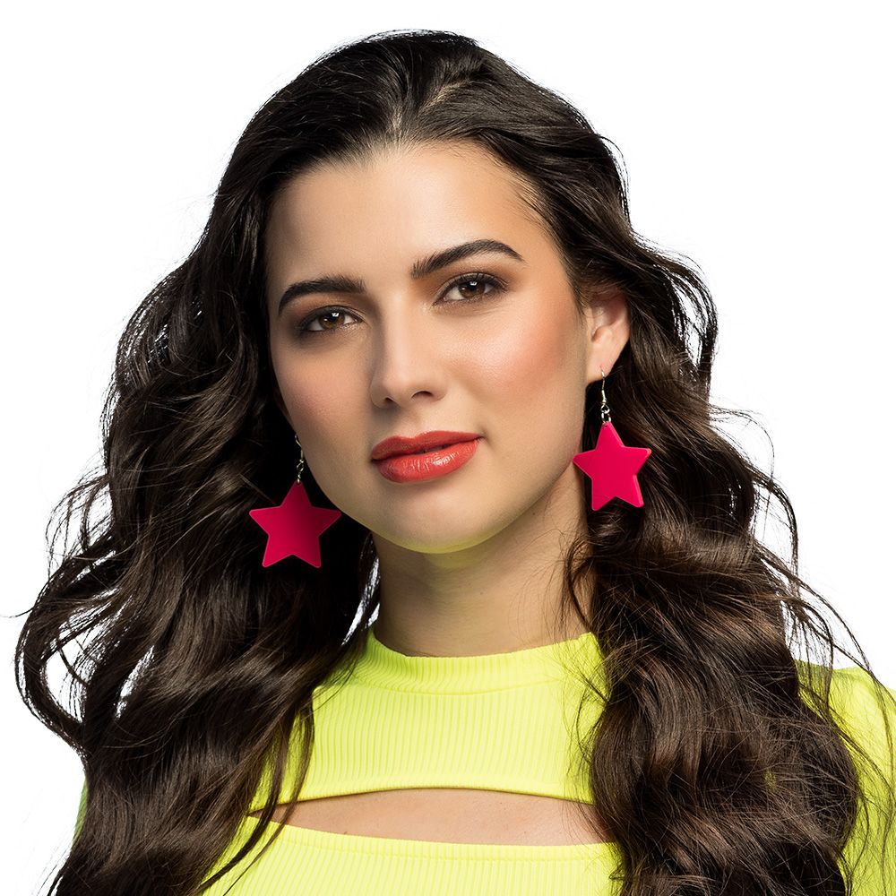Oorringen fluo roze neon UV Blacklight sterren foute party Kamping Kitsch