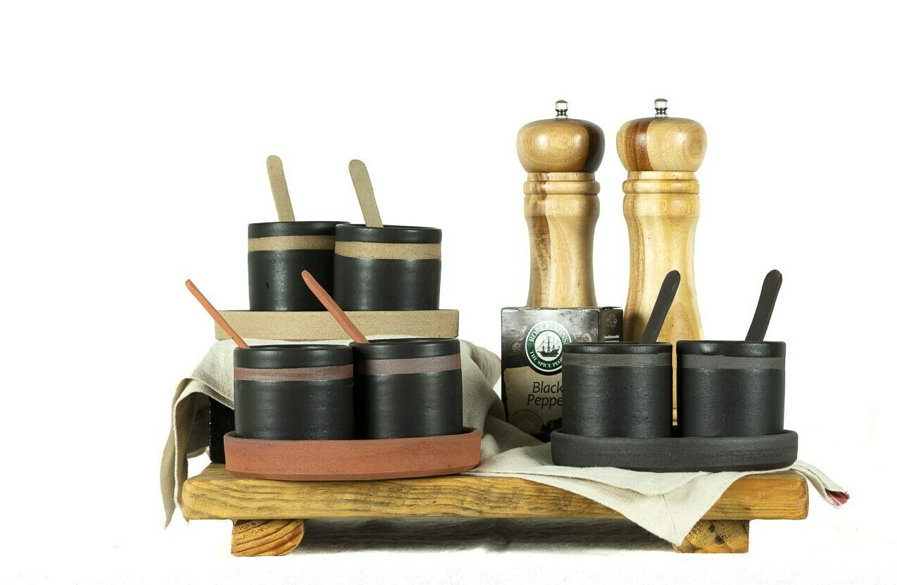 Salt & Pepper Pots + Tray + 2 Free Teaspoons