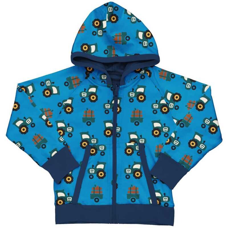 Maxomorra Cardigan Hood Reversible Blue Tractor