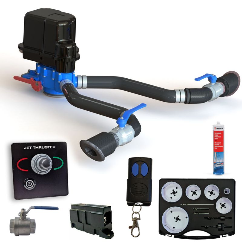 Jet Thruster Kit and Bow Thruster Kit, with everything included. Joystick, PU Marine, Remote control, Fuse, Hole Saw Cutter, Ball valve