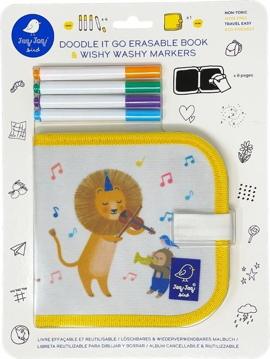Jaq Jaq Bird: MINI DOODLE IT &amp; GO LEEUW &amp; 4 Wishy Washy Markers 28x21x2,5cm