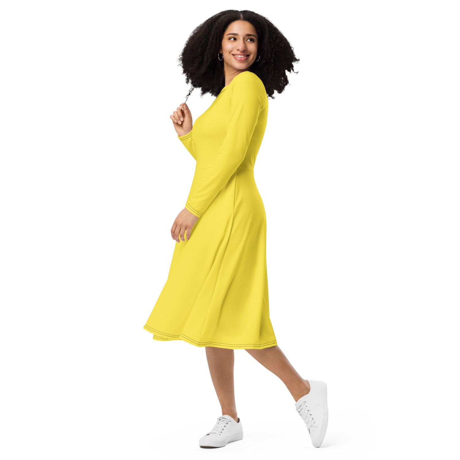 JdLino Brand Paris Daisy All-over print long sleeve midi dress