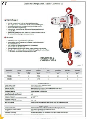 Elektrische ketting takel US - 230V
