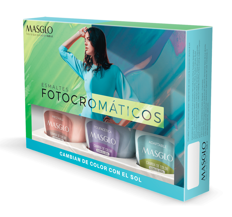 MASGLO 3 UNIDADES ESMALTES UÑAS FOTOCROMÁTICO KIT CAJA VERDE 13.5ML