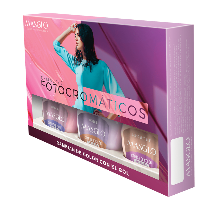 MASGLO 3 UNIDADES ESMALTES UÑAS FOTOCROMÁTICO KIT CAJA ROSADA 13.5ML