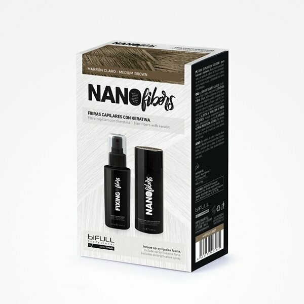 BIFULL NANOFIBERS FIBRAS CAPILARES CON KERATINA MARRON CLARO, fibras capilares 25g + spray fijador 100ml