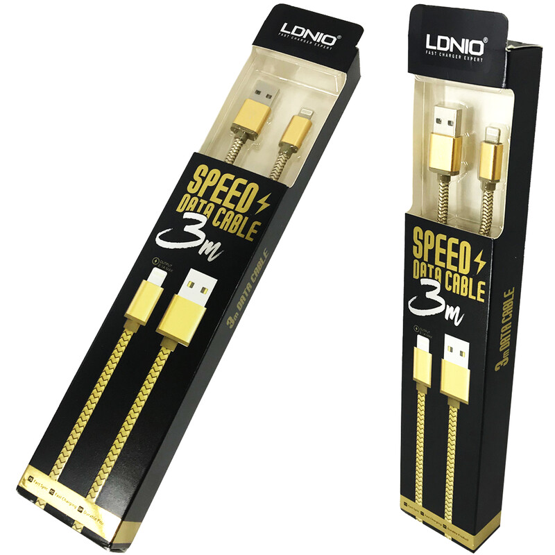 LDNIO Apple gold braided Fast Charging and Data USB Cable - 3 metre LDNIO Apple gold braided Fast Charging and Data USB Cable - 3 metre
